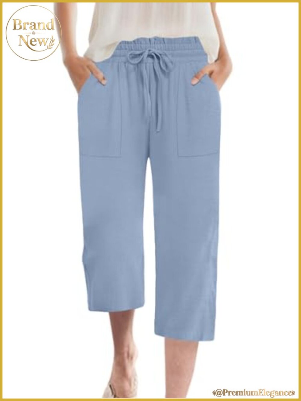 Women's Chiffon Wide Leg Capri Pants with Pockets High Rise Elastic Drawstring